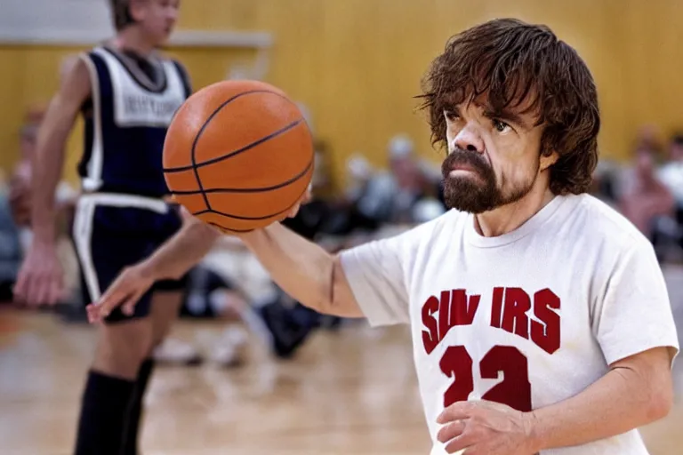 Prompt: peter dinklage playing basketball movie still, from the new slam dunk ernest movie, 8 k, realistic