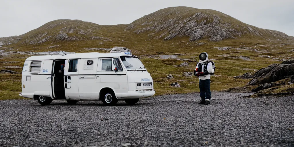 Image similar to tourist astronaut standing in the Isle of Harris, Scotland, a campervan in the background, 35 mm lens, photorealistic