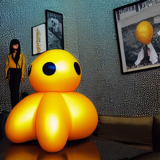 Image similar to yayoi kusama locked in an infiniti room cosplay jeff koons ballon dog, nendroid, art by wgreg rutkowski. during golden hour. extremely reflective.