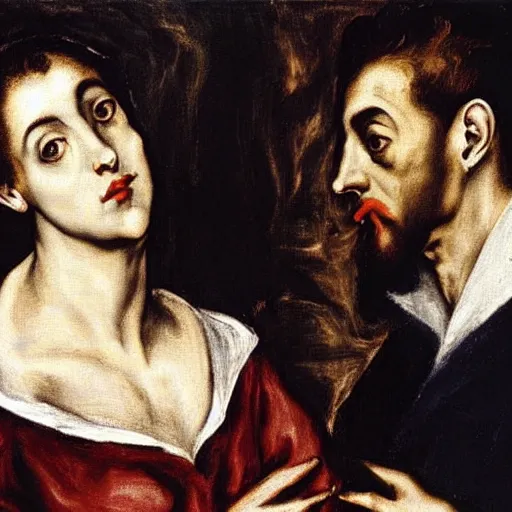 Prompt: A guy in his 20s looking in despair at his girlfriend eyeing his father, by El Greco