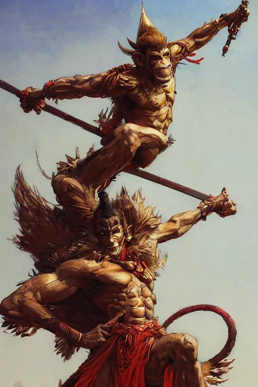 Prompt: portrait full body monkey king wukong by gaston bussiere, greg rutkowski, yoji shinkawa, yoshitaka amano, moebius, tsutomu nihei, donato giancola, tim hildebrandt, oil on canvas, trending onartstation, featured on pixiv, cinematic composition, extreme detail