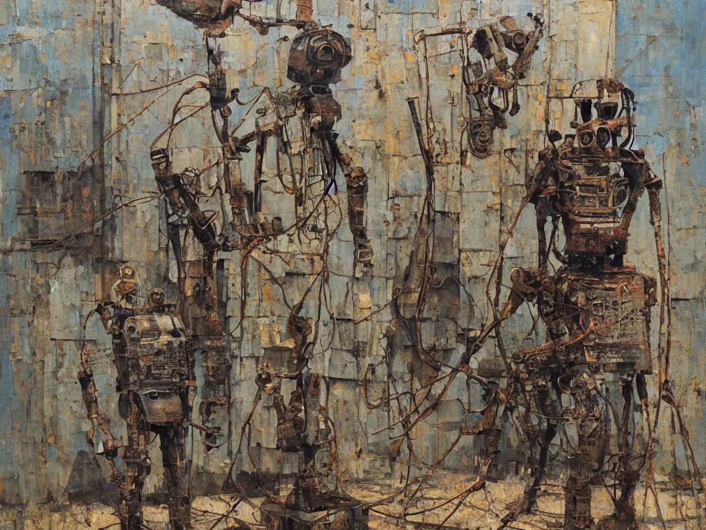 Prompt: rusty old robot standing, heatwave, Denis sarazhin, oil on canvas