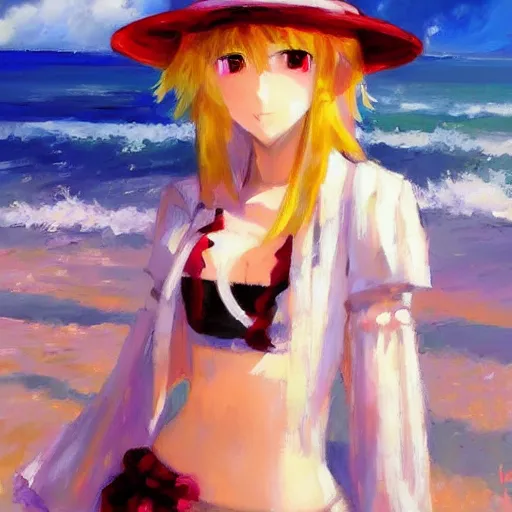 Image similar to Beautiful abstract impressionist painting of Kirisame Marisa from the Touhou project at the beach, touhou project official artwork, danbooru, oil painting by Antoine Blanchard, award winning art, oil on canvas , wide strokes, pastel colors, soft lighting