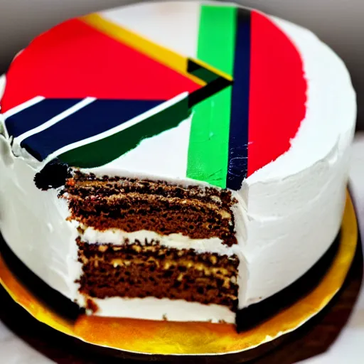 Image similar to slice of cake, the side of the cake is colored with the pattern of the south african flag, south african flag cake