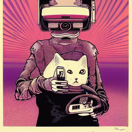 Image similar to Illustrated by Shepard Fairey and Moebius | Cyberpunk cute kitty with VR helmet, surrounded by cables