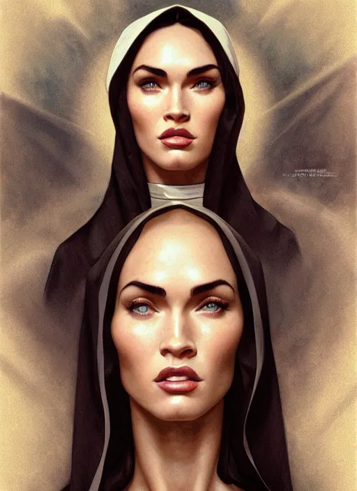 Image similar to portrait of megan fox as a sultry nun, catholic, church, bible, christian, intricate, headshot, highly detailed, digital painting, artstation, concept art, sharp focus, cinematic lighting, illustration, art by artgerm and greg rutkowski, alphonse mucha, cgsociety