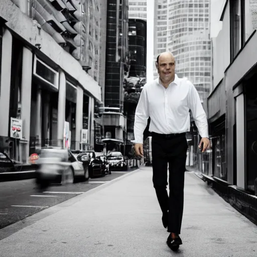 Image similar to a giant middle aged balding blue eyed white man dressed in a white shirt, gray pants and black dress shoes walking in a miniature city