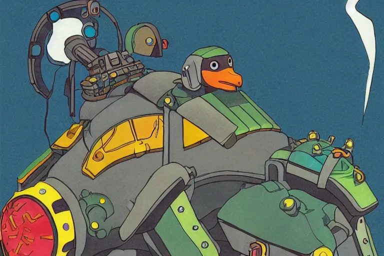 Image similar to illustration of a heavily armoured mechanical duck by studio ghibli, ominous, vivid colors, colorful