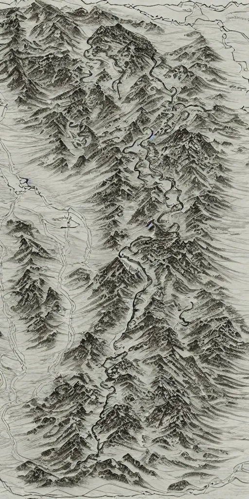 Prompt: detailed fantasy map with mountains rivers and forests tolkinesque style sepia ink painted