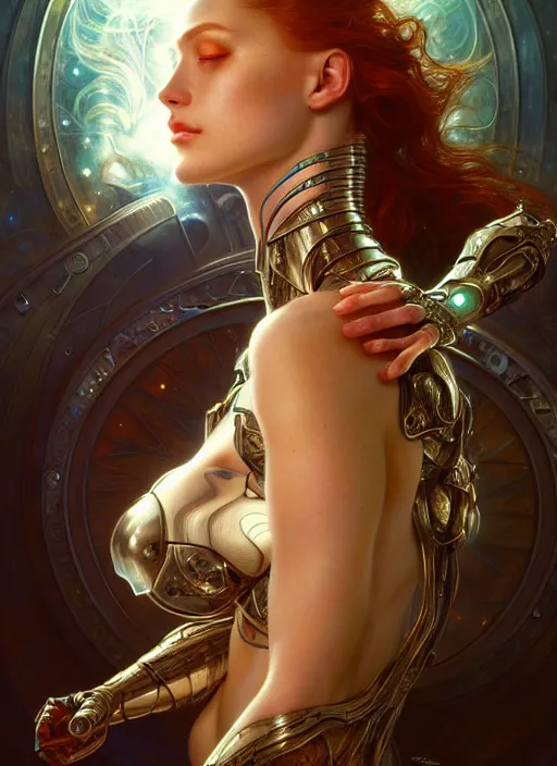 Image similar to cyborg recharging, diffuse lighting, fantasy, intricate, elegant, highly detailed, lifelike, photorealistic, digital painting, artstation, illustration, concept art, smooth, sharp focus, art by John Collier and Albert Aublet and James jean and Brian froud and ross tran and Artem Demura and Alphonse Mucha