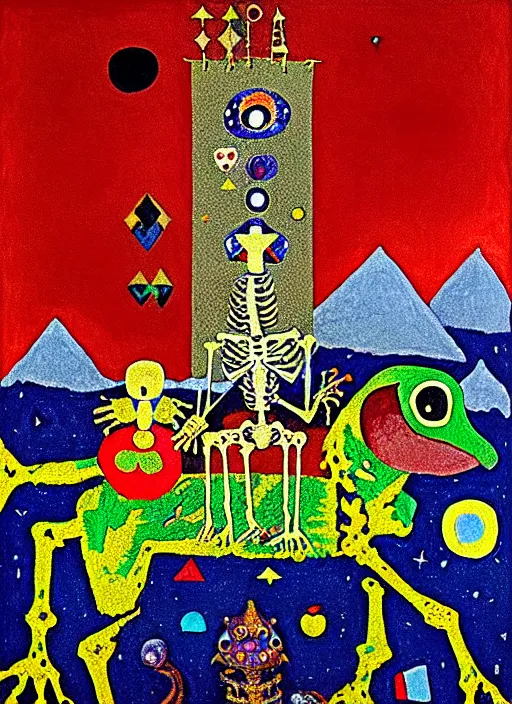 Image similar to pixel decollage painting tarot lovers card composition tower of babel road red armor maggot bear and wonky alien frog skeleton knight on a horse in a dark red cloudy night sky with golden foil jewish stars and diamonds, mountain lake and blossoming field in background, painted by Mark Rothko, Helen Frankenthaler, Danny Fox and Hilma af Klint, pixelated, neo expressionism, semi naive, pastel colors, cinematic, color field painting, cave painting, voxel, pop art look, outsider art, minimalistic. Bill Traylor painting, part by Philip Guston, Amano and Francis Bacon. art by Adrian Ghenie and Storm Thorgerson, very coherent symmetrical artwork, cinematic, hyper realism, high detail, octane render, unreal engine, Smooth gradients, depth of field, full body character drawing, extremely detailed, 8k, extreme detail, intricate detail, masterpiece