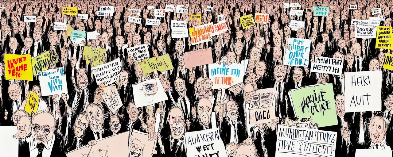 Image similar to an illustration of a crowd of very ordinary protestors with signs, front angle, by ralph steadman, illustration, ink splatters, pen and ink, flat color, colorful drawing, facing front, anatomically correct, beautiful perfect face, sharp focus, highly detailed, cinematic lighting, 8 k, hd