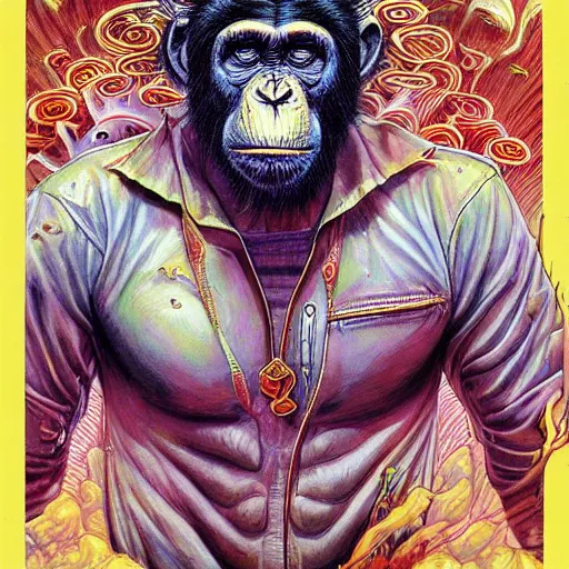 Prompt: psychedelia man disguised as a chimpanzee jean sebastien rossbach jeff easley jen bartel staedtler