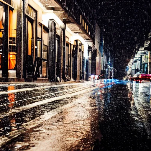 Image similar to a city street at night, raining, photograph, cars on the road,