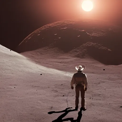 Image similar to cowboy on the moon, standing pose, planet earth background, photorealistic, octane render, blender render, unreal engine