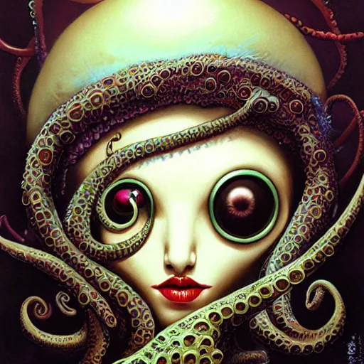 Image similar to queen octopus with a giant eyeball pearl head by Anato Finnstark, Tom Bagshaw, Brom