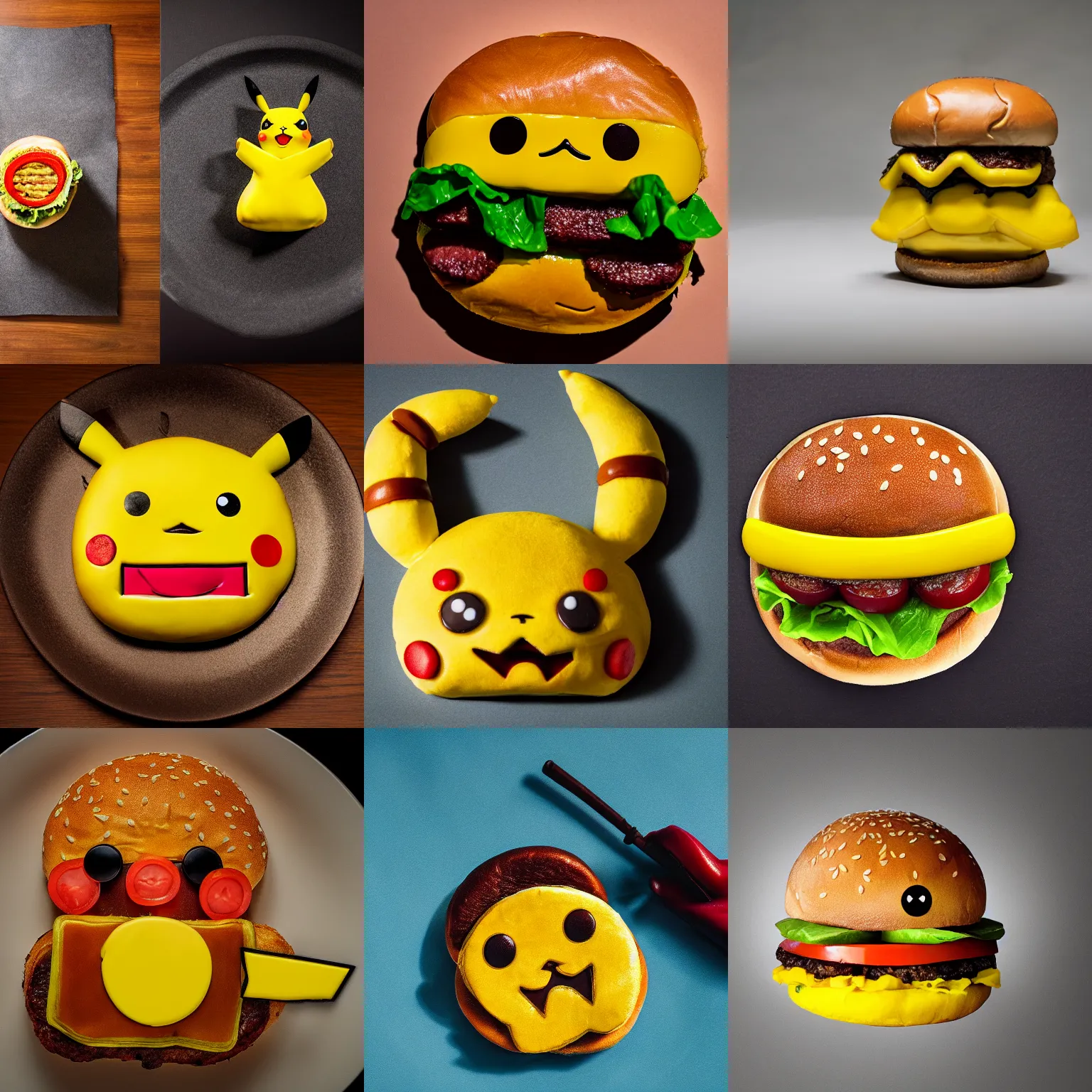 Prompt: burger in the shape of pikachu pikachu, studio lighting, food photography