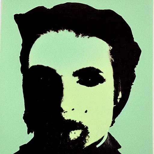 Prompt: screenprint solarized portrait of a cop in riot gear by andy warhol