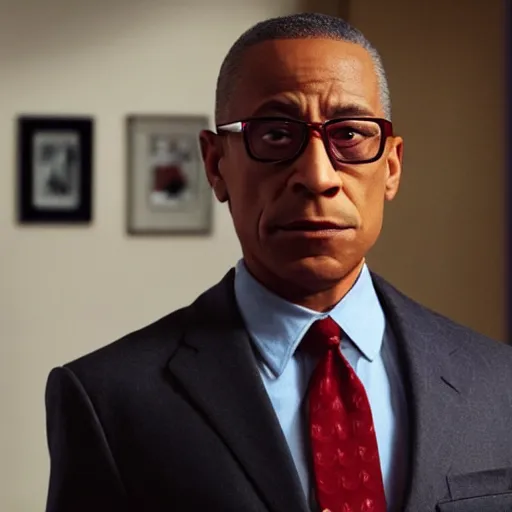 Image similar to Gus Fring looking into the camera and adjusting his tie, photo