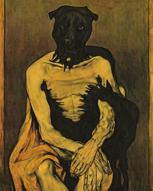 Image similar to a seated portrait of a dead figure and black dog,  Francisco Goya painting, part by Beksiński and EdvardMunch. art by Takato Yamamoto and Edvard Munch, Francis Bacon masterpiece
