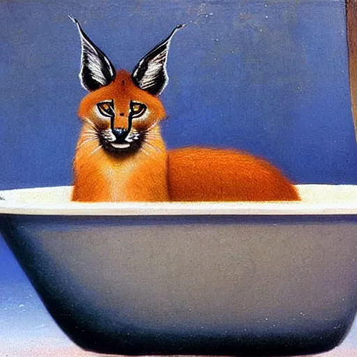 Prompt: cute caracal in bathtub, by Ivan Aivazovsky
