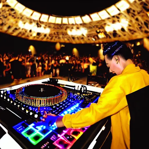 Prompt: DJ King Bhumibol spinning turntables during edm concert, photo, high quality