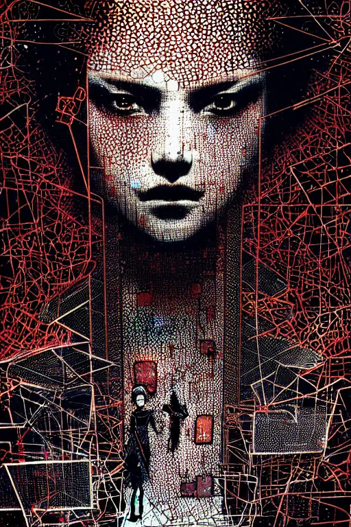 Image similar to dreamy cyberpunk girl, abstract black leather, digital nodes, beautiful woman, detailed acrylic, grunge, intricate complexity, by dan mumford and by chiharu shiota, peter lindbergh