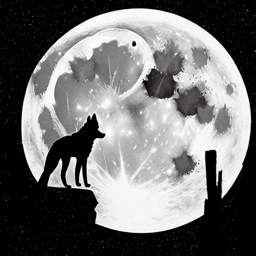 Image similar to Silhouette of a howling wolf upon a cliff, the full moon shines brightly behind it