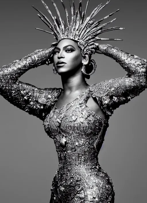 Image similar to photo of beyonce styled by nick knight posing, intricate headpiece, showstudio, face close up, vogue magazine, 2 0 2 0, canon, highly realistic. high resolution. highly detailed. dramatic. 8 k. 4 k. zeiss lens, canon eos, cinematic lighting, photography, film still