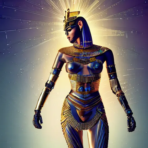 Image similar to full body portrait of the muscular Egyptian Android Pharaoh Queen, by DC comics and Sandra Chevrier and beeple, artstation, volumetric lighting and fog, hyperrealism, hyper detailed futuristic royalty, award winning costume design, cybernetic bionic ancient cyborg, fashion show runway, futuristic fine textures, woven with electricity, high fashion superpowers, floating dust particles, bokeh, mystic haze, 4k UHD, HDR