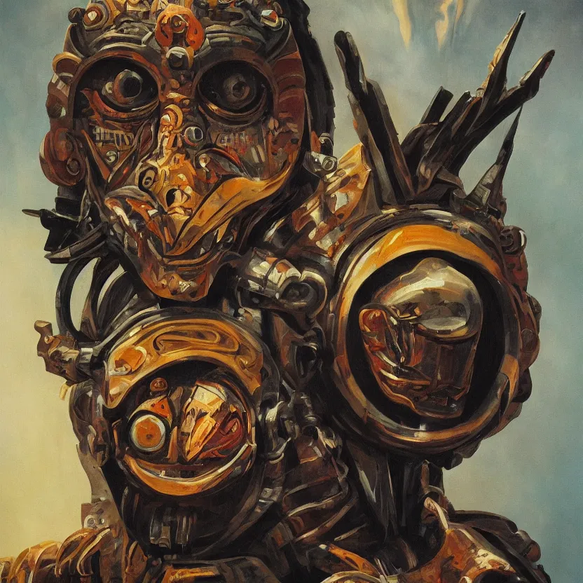 Image similar to painting of an intense futuristic tribal mask. pulp sci - fi art for omni magazine. high contrast. dark background. baroque period, oil on canvas. renaissance masterpiece. muted colors, soft gradients. trending on artstation. retrofuturism.