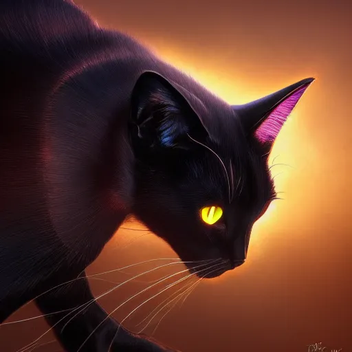 Image similar to magic black energy cat, golden hour, fantasy, sharp focus, digital art, hyper realistic, 4 k, unreal engine, highly detailed, hd, dramatic lighting by brom, trending on artstation