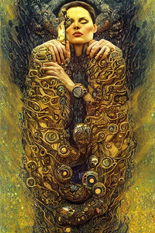 Image similar to Rebirth by Karol Bak, Jean Deville, Gustav Klimt, and Vincent Van Gogh, Rebirth, Loki's Pet Project, mystical portrait of a serpent deity, Surreality, otherworldly, fractal structures, arcane, ornate gilded medieval icon, third eye, spirals