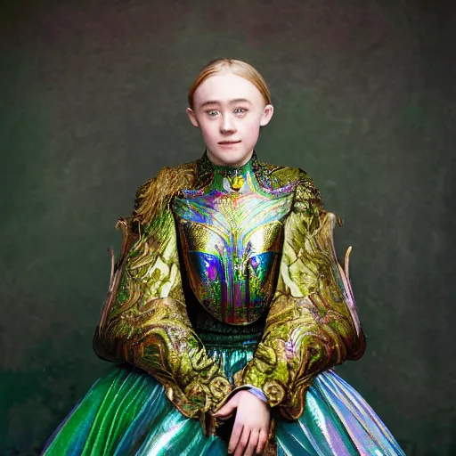 Prompt: well-lit studio portrait of 16-year old Saoirse Ronan wearing iridescent, green mother of pearl and malachite art nouveau style full body female mail armor by Steve McCurry and Alphonse Mucha