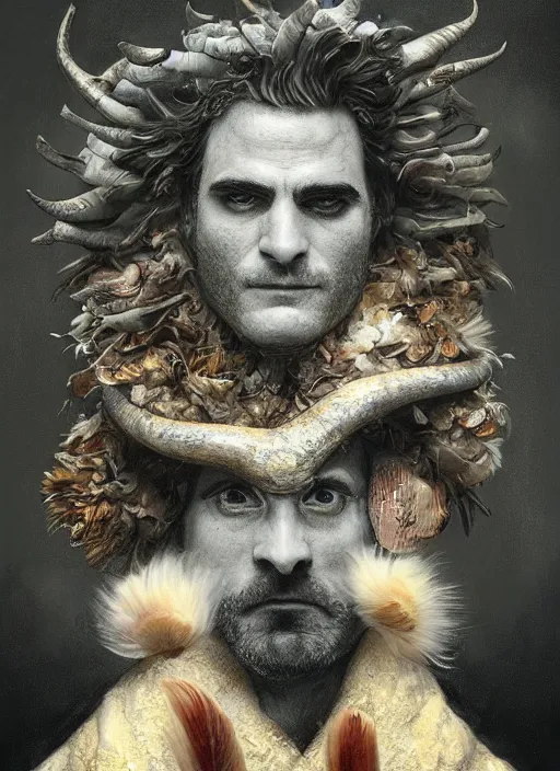 Image similar to a hyper detailed painting of an anthropomorphic joaquin phoenix as the king of animals, cow horns, pig nose, sheep wool, chicken feathers, horror, by anna podedworna, by miklos ligeti, by diego maricato, by taran fiddler, by antonino truisi, by chris reddie, on artstation