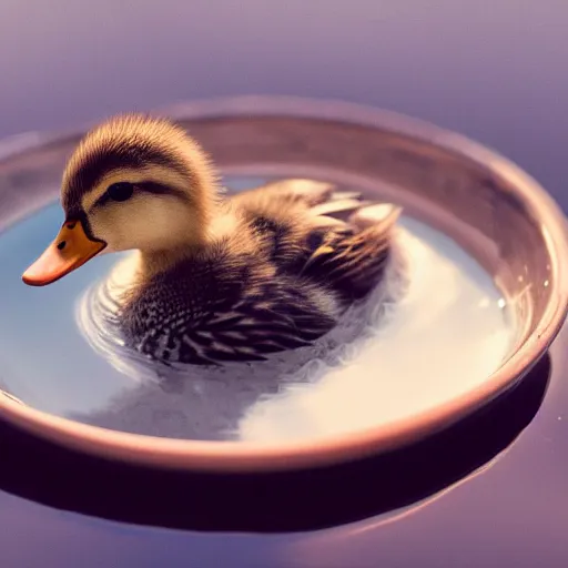 Prompt: cute duckling swimming in a small bowl of water, photography, minimalist, 8 k