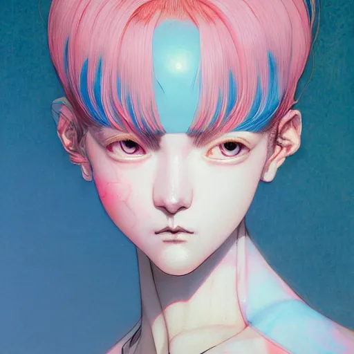 Image similar to prompt : pink and blue portrait soft light painted by james jean and katsuhiro otomo and erik jones, inspired by evangeleon anime, smooth face feature, intricate oil painting, high detail illustration, sharp high detail, manga and anime 1 9 9 0