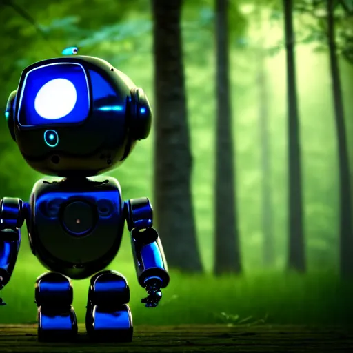 Image similar to a cute little robot in a wood. super realistic 8 k render of a dark hooded powerful elegant, cinematic composition