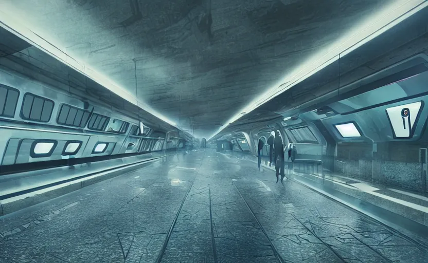 Image similar to Futuristic cyber subway station , gloomy and foggy atmosphere, octane render, artstation trending, horror scene, highly detailded