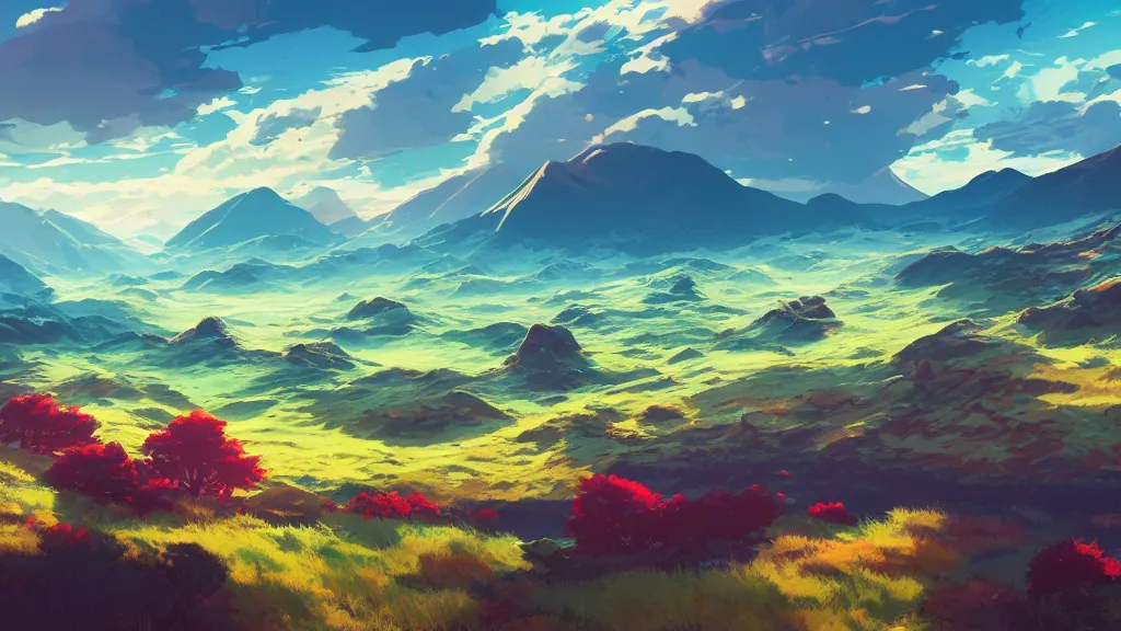 Image similar to landscape of a the scottish highlands, rich vivid colors, ambient lighting, dynamic lighting, 4k, HQ, official media, concept art, anime key visual, makoto shinkai, ilya kuvshinov, lois van baarle, rossdraws, detailed, trending on artstation