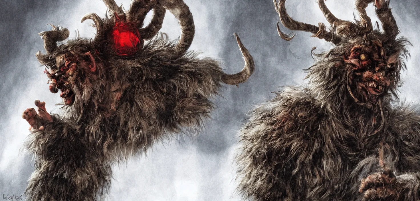 Image similar to hyperrealist highly detailed neo-baroque portrait of krampus standing in dolomites concept art pascal blanche dramatic studio lighting 8k wide angle shallow depth of field