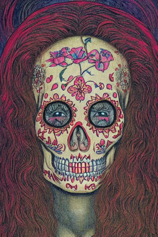 Image similar to Illustration of a sugar skull day of the dead girl, art by jean delville