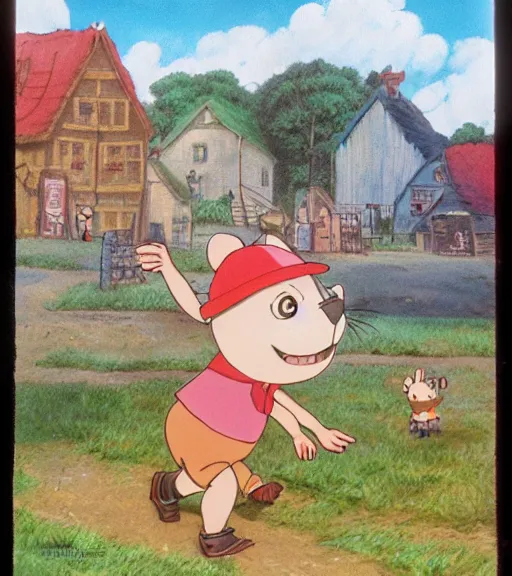 Image similar to a detailed painting of an anthropomorphic hamster kid wearing shorts and suspenders in a rural village, cute, colourful, detailed, high quality, pastel colours, brushed, 4 k, by studio disney and studio ghibli and maurice sendak and richard scarry