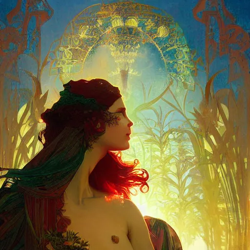 Image similar to the solarpunk phoenix, red bird, regeneration, landscape, volumetric light, bokeh, painting by greg rutkowski by alphonse mucha