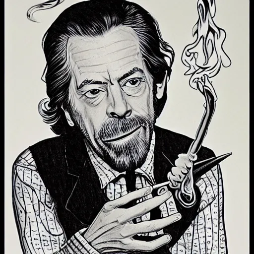 Image similar to Alan watts Smoking a pipe, drawn by alex grey