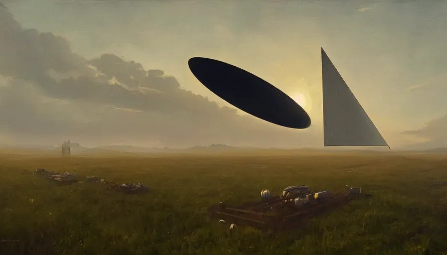 Prompt: giant solar sail blocking the sun, early morning, open field, simon stalenhag, art deco painting