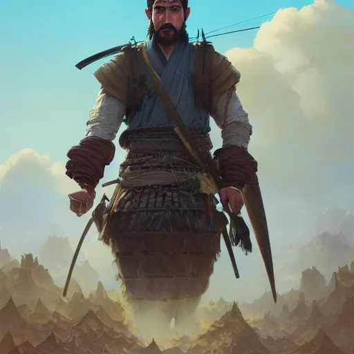 Image similar to Hyper realistic detailed portrait of Kurdish samurai, Stephen Bliss, unreal engine, fantasy art by Greg Rutkowski, Loish, Rhads, ferdinand knab, Makoto Shinkai and Lois van baarle, ilya kuvshinov, rossdraws, Tom Bagshaw, alphonse mucha, global illumination, radiant light, detailed and intricate environment, highly detailed, award winning art