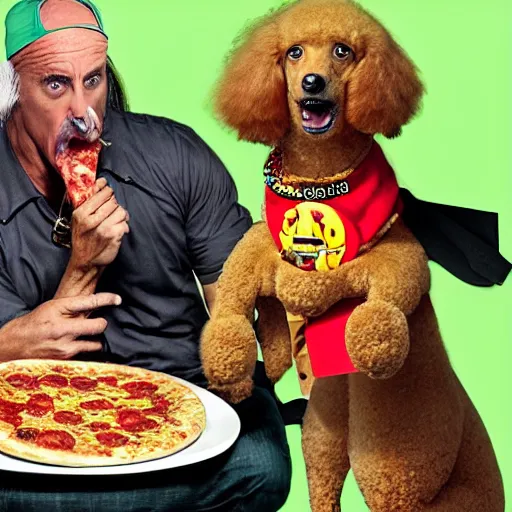 Image similar to hulk hogan eating pizza, riding a poodle