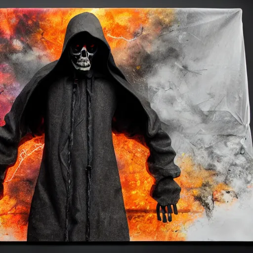 Image similar to full body pose, hyperrealistic mixed media painting of the grim reaper, dim volumetric lighting, 8 k, octane beautifully detailed render, extremely hyper detailed, intricate, epic composition, cinematic lighting, masterpiece, trending on artstation, very very detailed, masterpiece, stunning, hdr, smooth, sharp focus, high resolution, award, winning photo, dslr, 5 0 mm