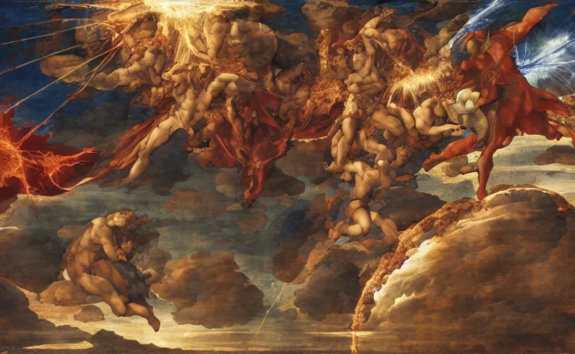 Image similar to The Third Impact as depicted in a masterpiece digital painting by Michelangelo and Leonardo Da Vinci, 4k wallpaper